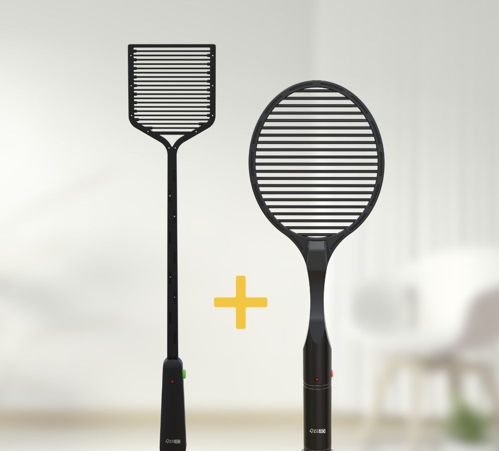 ZAPPER+ square fly swatter and round mosquito swatter side by side