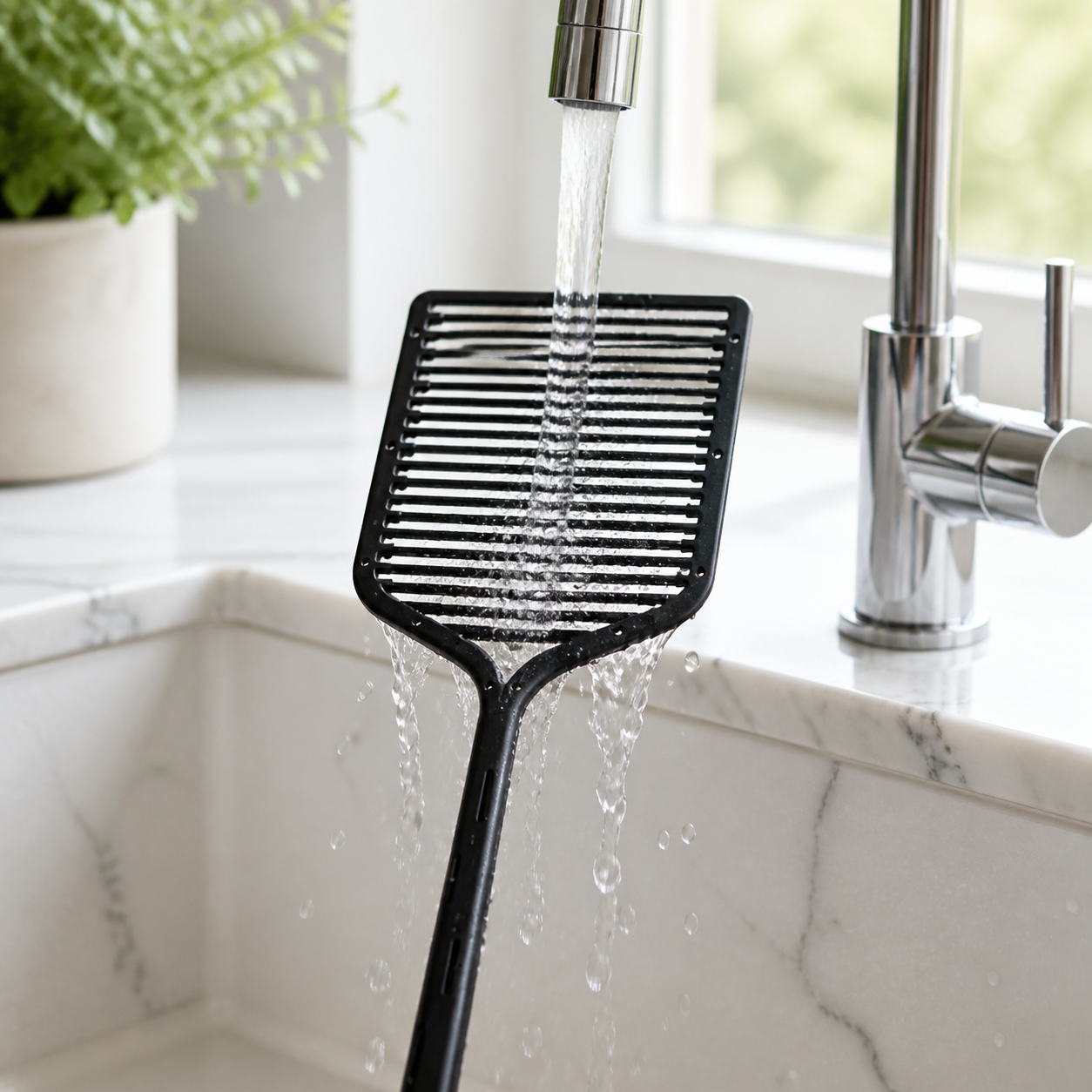 The square ZAPPER+ paddle being rinsed under a running kitchen tap, water flowing through the grid