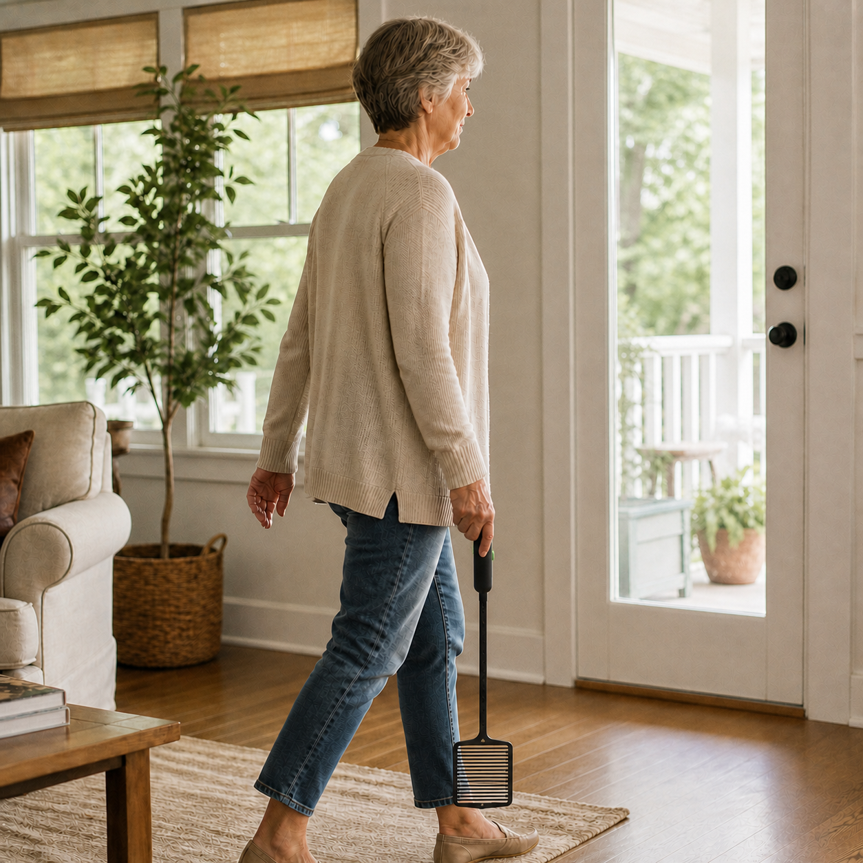 A woman in her sixties walking through her living room, carrying the 97-gram ZAPPER+ fly swatter loosely in one relaxed hand