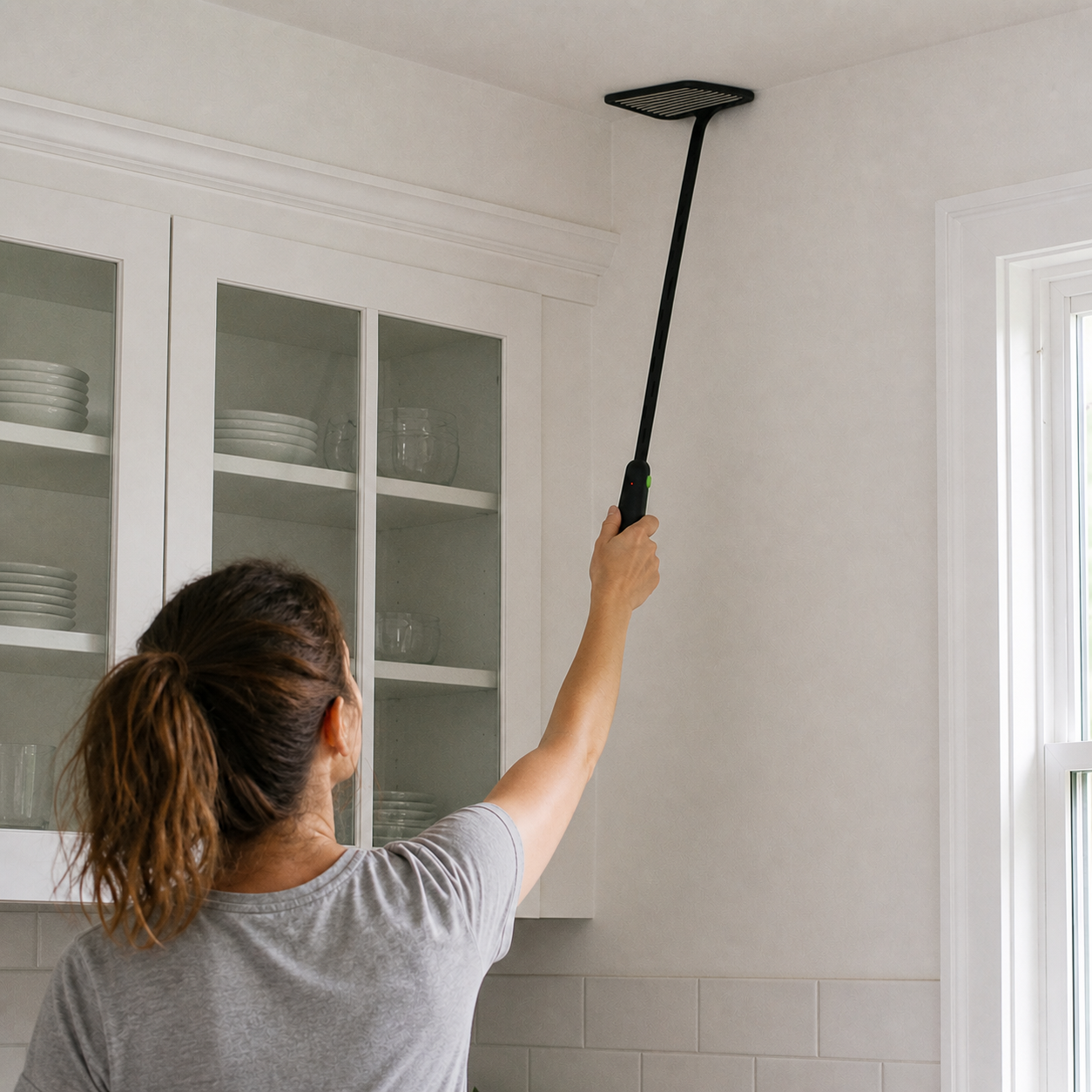 A woman reaching up with the long-handled ZAPPER+ fly swatter, its bent paddle head pressed flat against the ceiling corner
