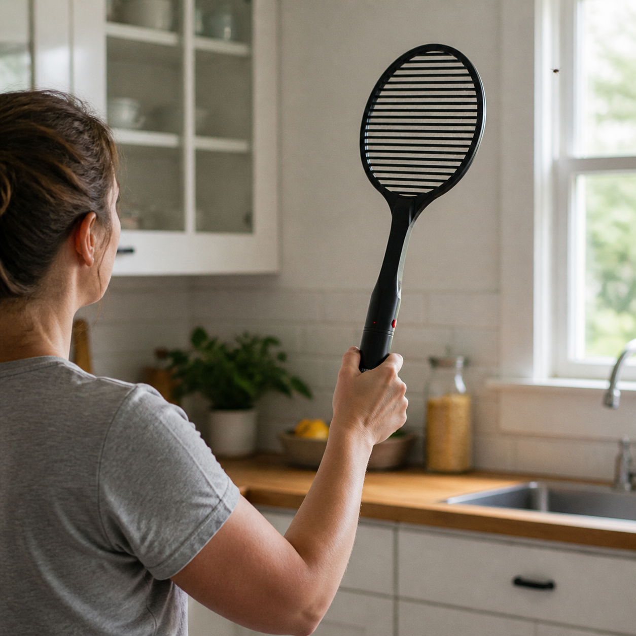 A woman in her kitchen raising the ZAPPER+ mosquito swatter, eyes on a fruit fly in the air, a second before the swing