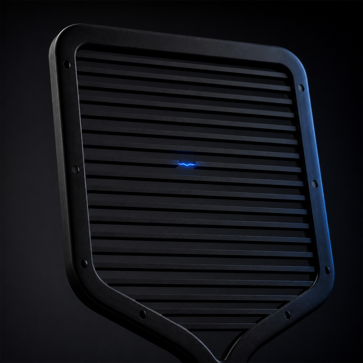 Close view of the square ZAPPER+ paddle in the dark with a blue electric spark arcing between the grid bars