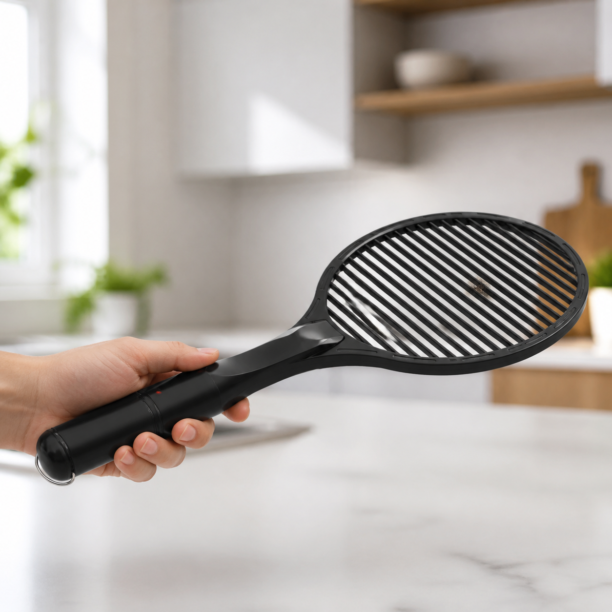 A hand holding the ZAPPER+ mosquito swatter flat with a mosquito held on the grid by static