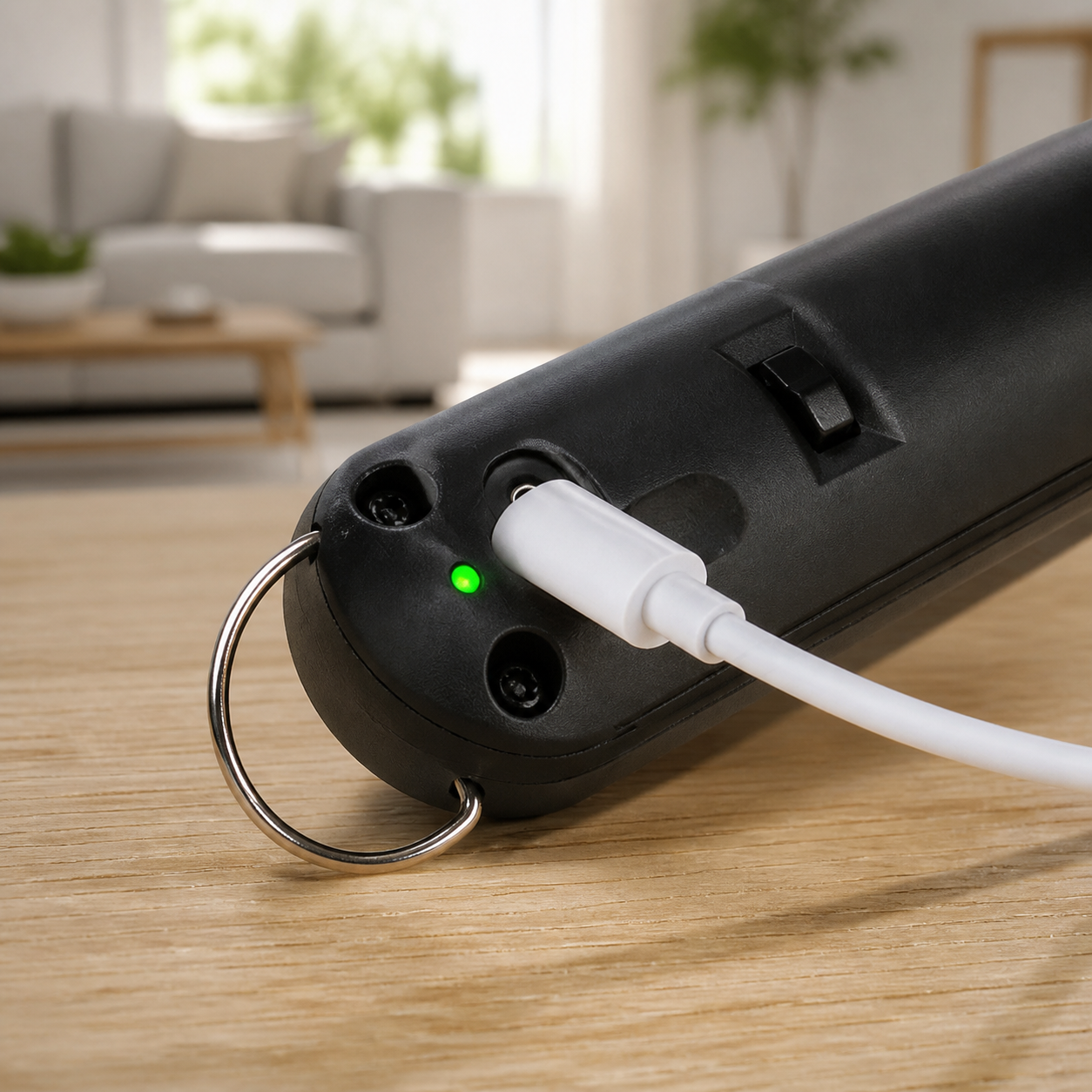 A white USB Type-C cable plugged into the end of the ZAPPER+ handle, with a green charging LED lit